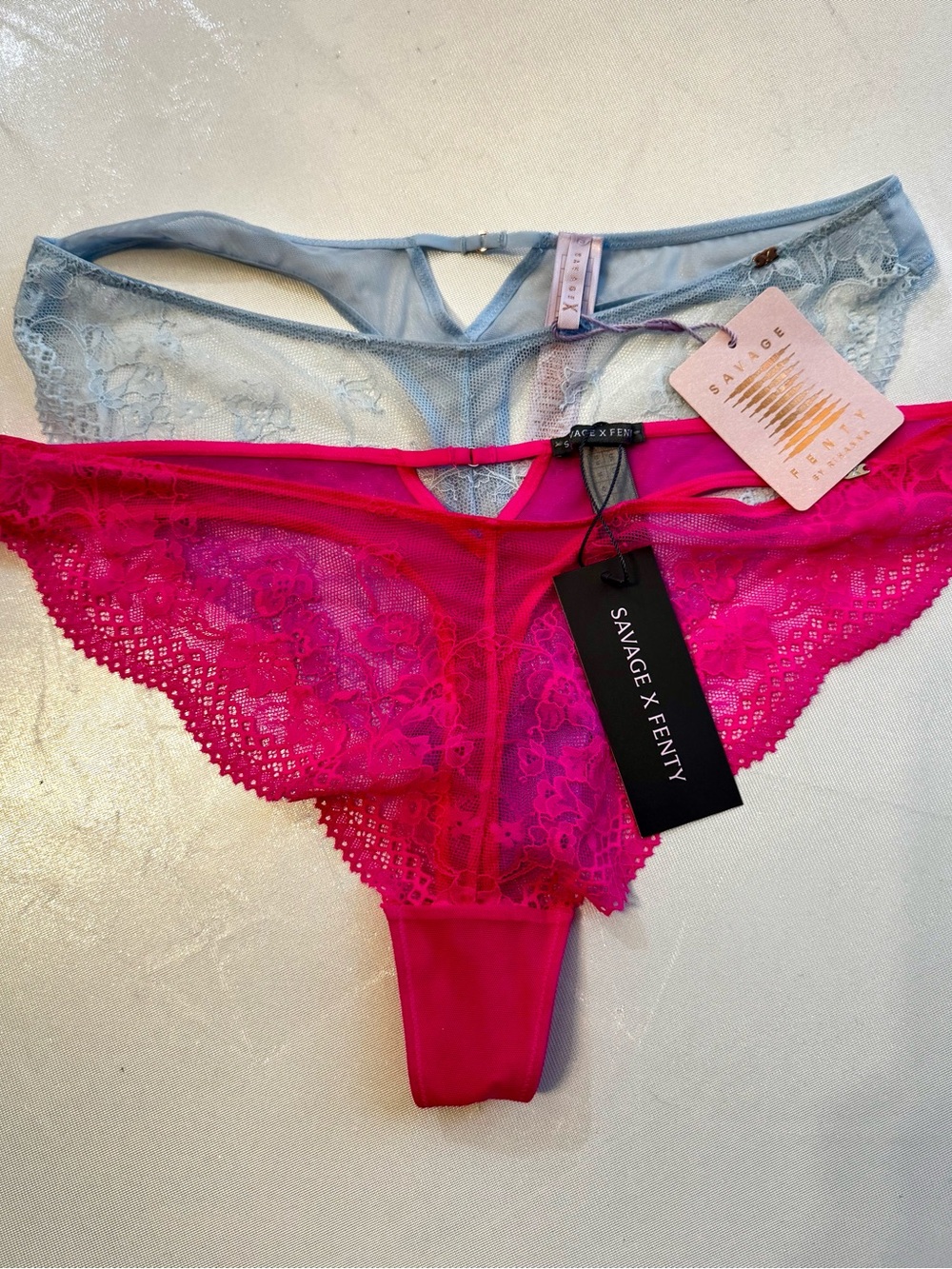 Savage X Fenty NWT Lace Thongs Bundle - Vibrant Pink and Muted Sky Blue Size L